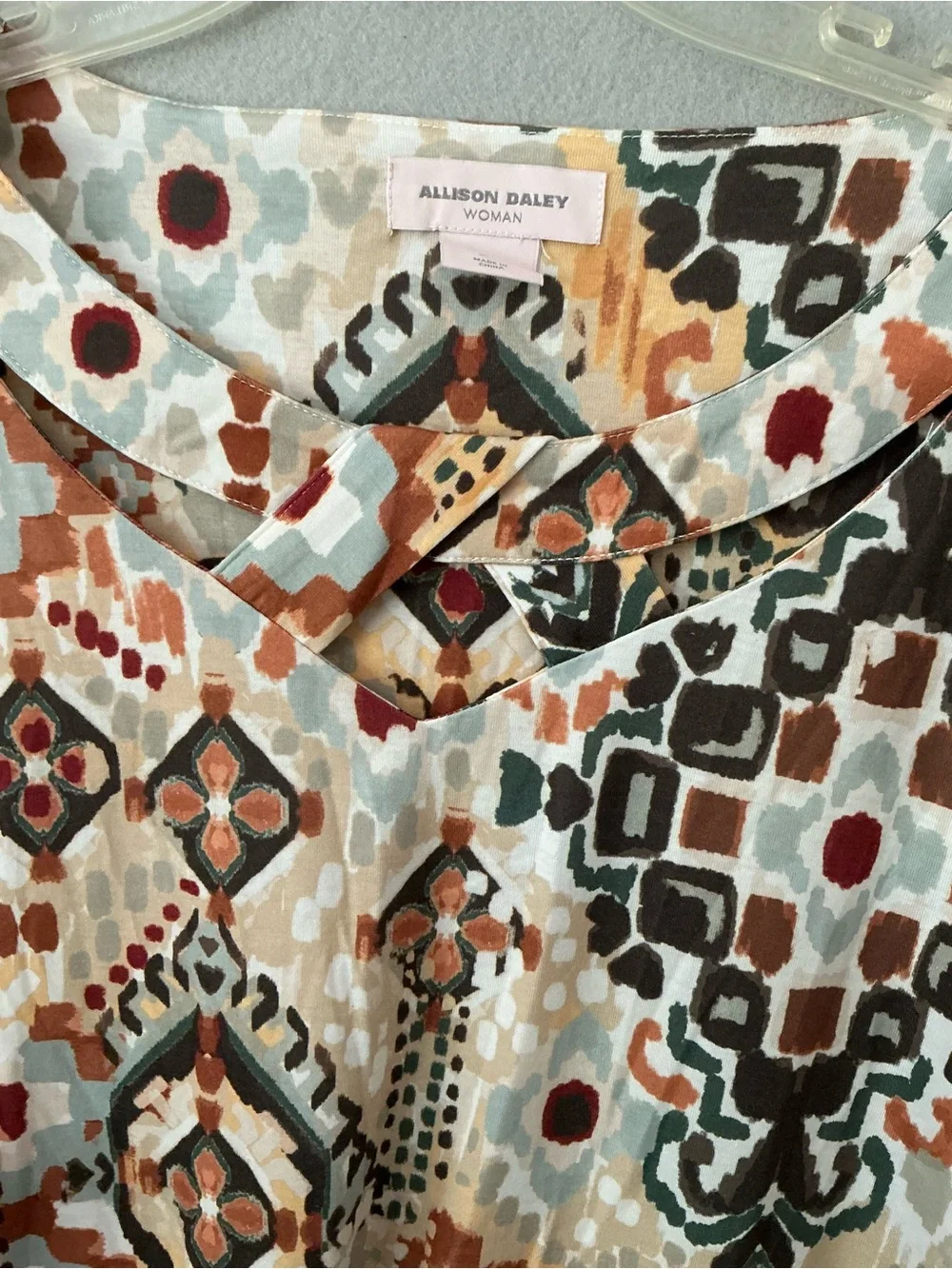 Allison Daley Women 2X Blouse Geometric Southwestern Boho Cutout Collar 3/4 Slv